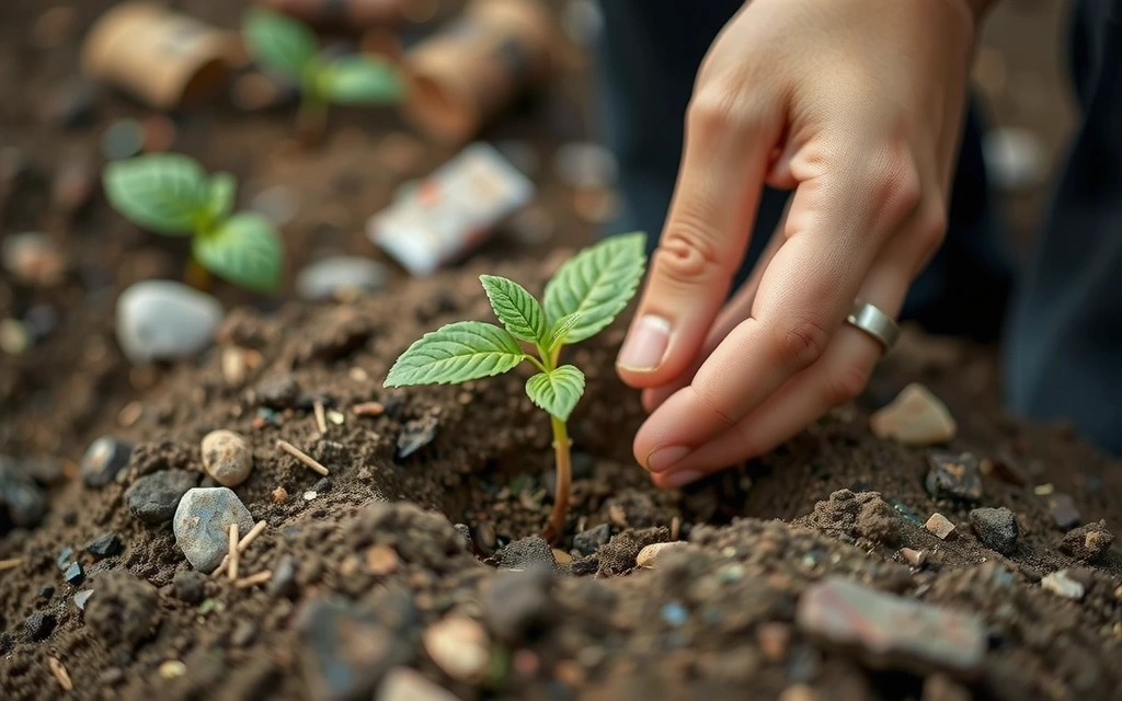 A close-up of a hand planting a small green seedling into rich soil, symbolizing growth, sustainability, and investment in the future.
