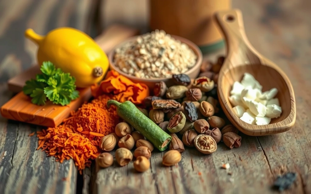 A close-up of various vibrant, organic spices and dried herbs arranged aesthetically on a rustic wooden surface, highlighting natural ingredients.