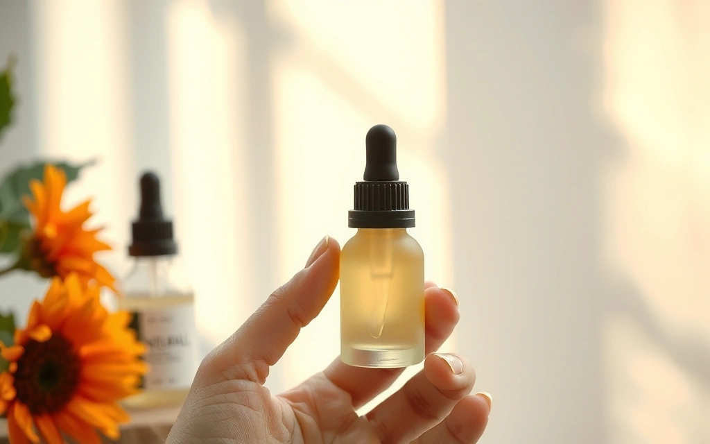 A hand holding a small glass bottle with a natural serum, surrounded by soft focus botanicals and a warm, inviting glow, symbolizing purity and care.