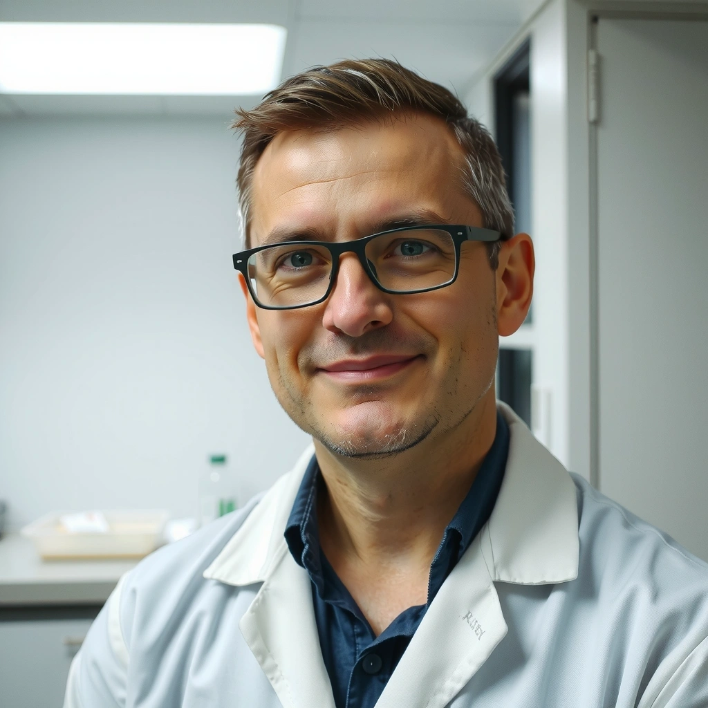 Professional portrait of a male lead scientist with a thoughtful expression in a clean laboratory setting, wearing a lab coat.