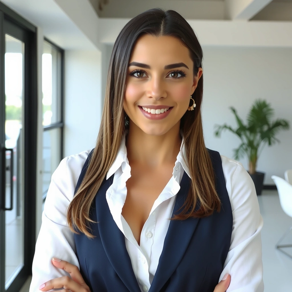 Professional portrait of a visionary female CEO smiling confidently in a modern, bright office environment.