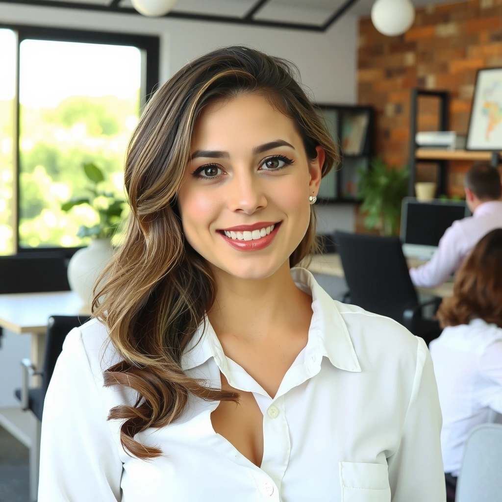 Professional portrait of a female marketing director with a warm, engaging smile, in a creative office space with natural light.