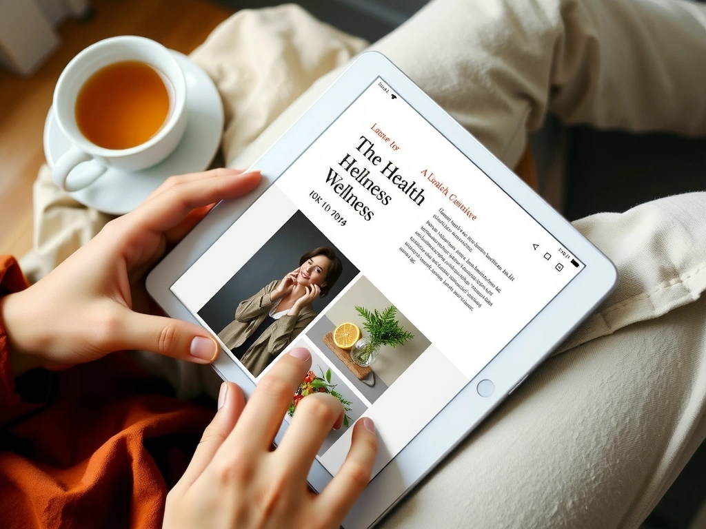 A person reading a blog post on a tablet, with a cup of tea nearby.