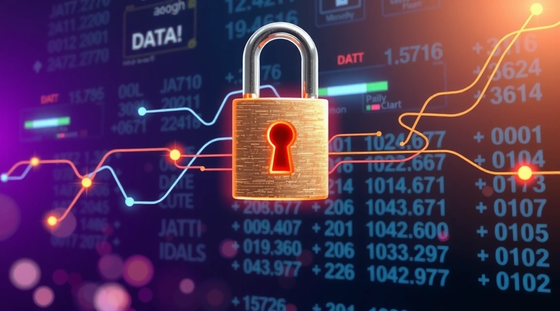 Data privacy concept with padlock and digital data streams