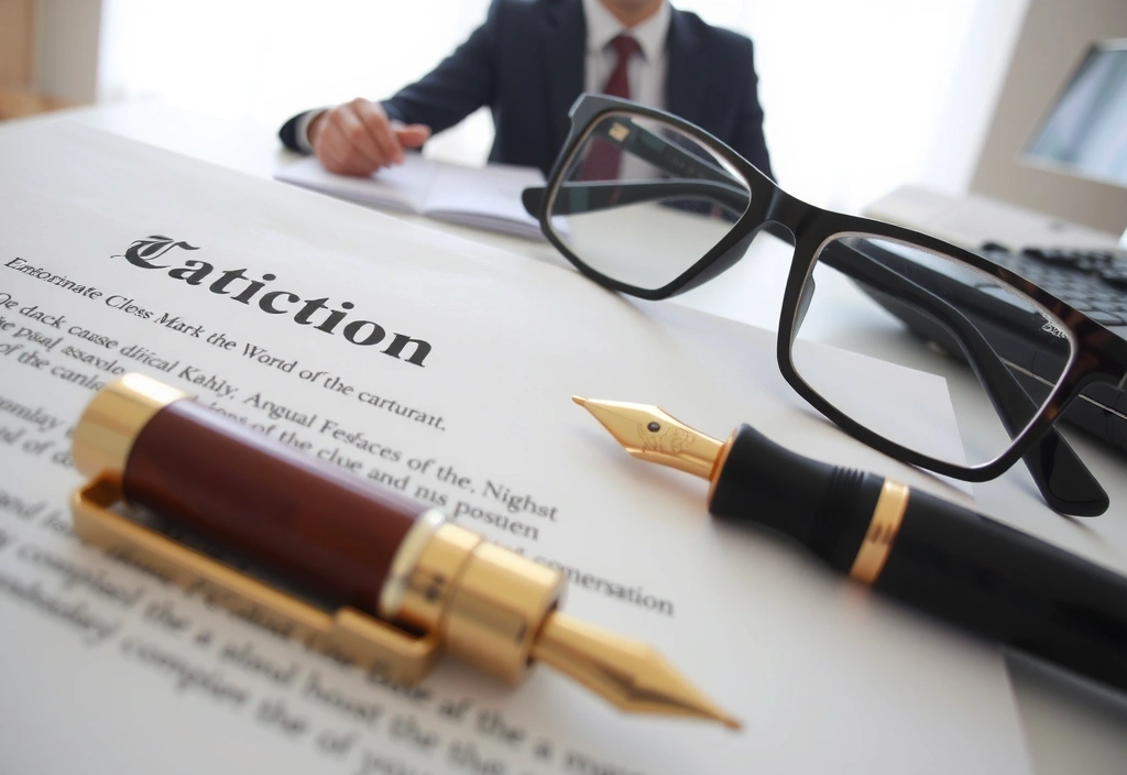 Legal document with a pen and glasses symbolizing terms and conditions